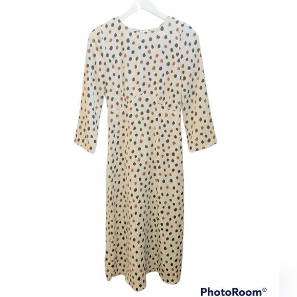 H&M Cleft Open Back Polka Dot White Black and Brown Open Back Midi Dress 4 - Picture 3 of 13